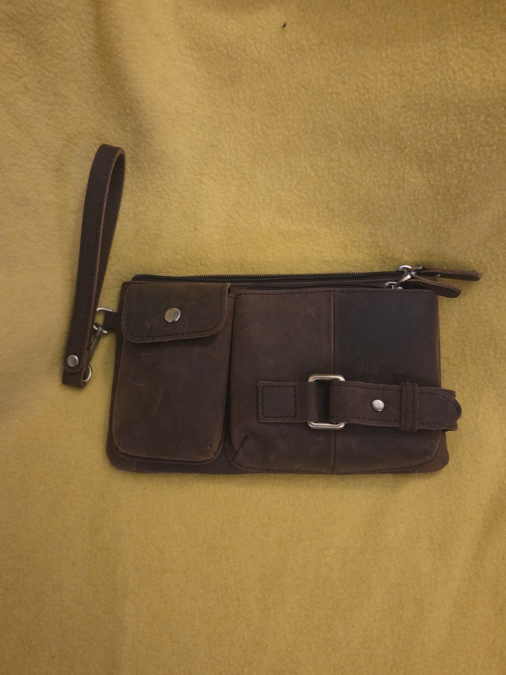 Men's Brown Leather Wristlet Clutch Or Belt Bag
